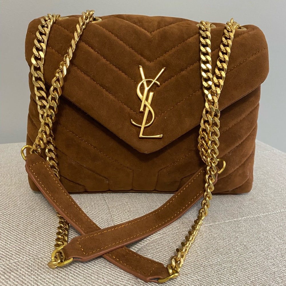 Saint Laurent Chestnut Quilted Suede Envelope Shoulder Bag with Gold Hardware